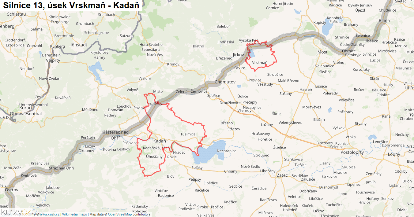 Úsek Vrskmaň - Kadaň, Silnice 13 - Mapa