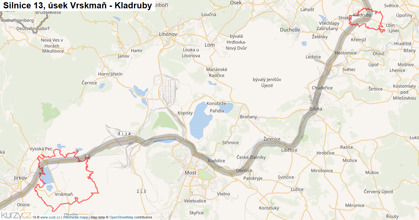 Úsek Vrskmaň - Kladruby, Silnice 13 - Mapa