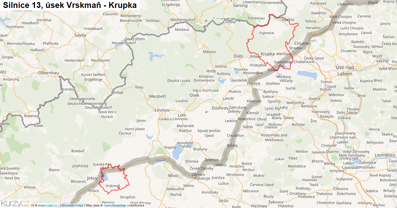 Úsek Vrskmaň - Krupka, Silnice 13 - Mapa