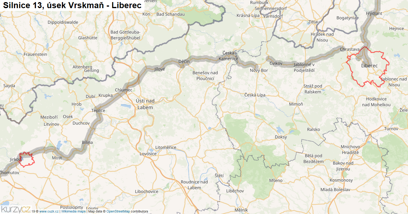 Úsek Vrskmaň - Liberec, Silnice 13 - Mapa