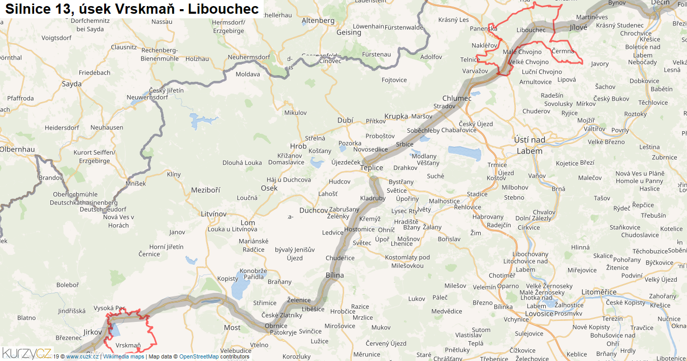 Úsek Vrskmaň - Libouchec, Silnice 13 - Mapa
