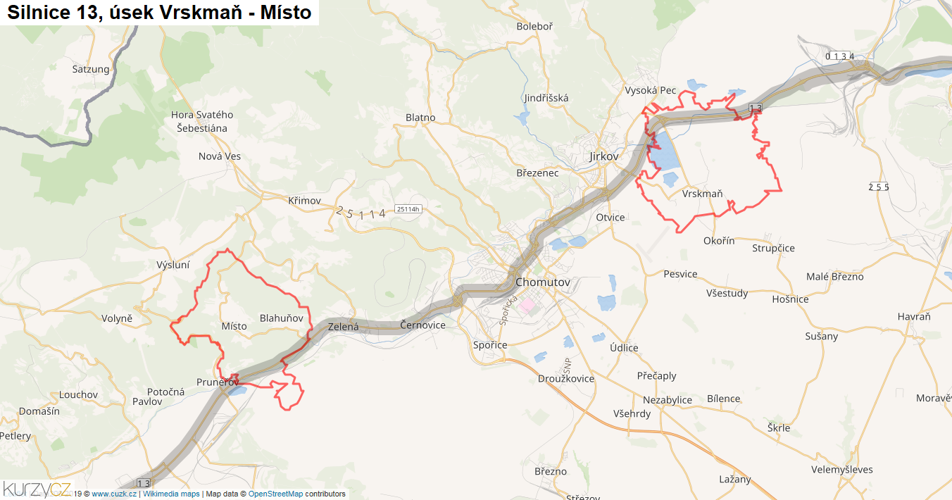Úsek Vrskmaň - Místo, Silnice 13 - Mapa