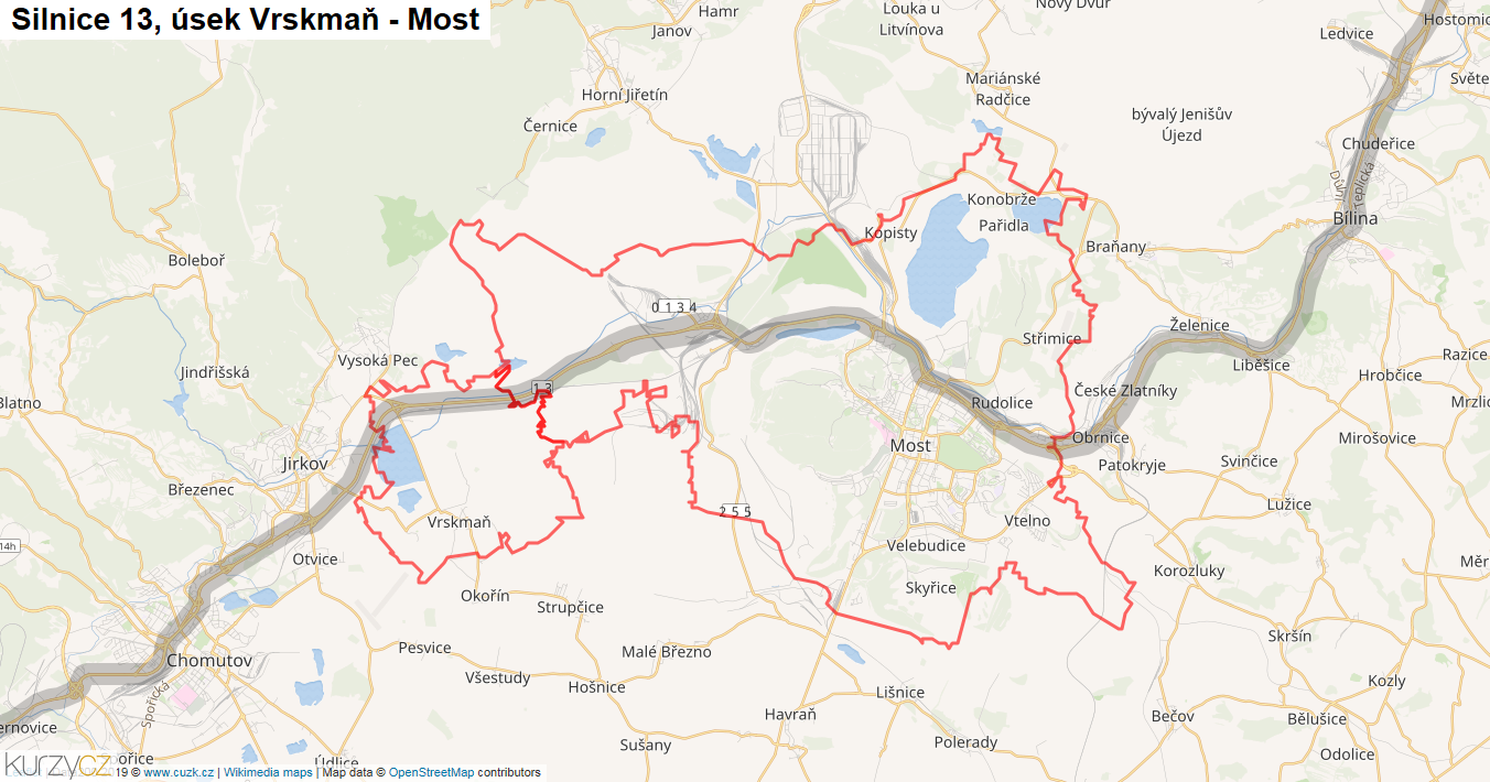 Úsek Vrskmaň - Most, Silnice 13 - Mapa