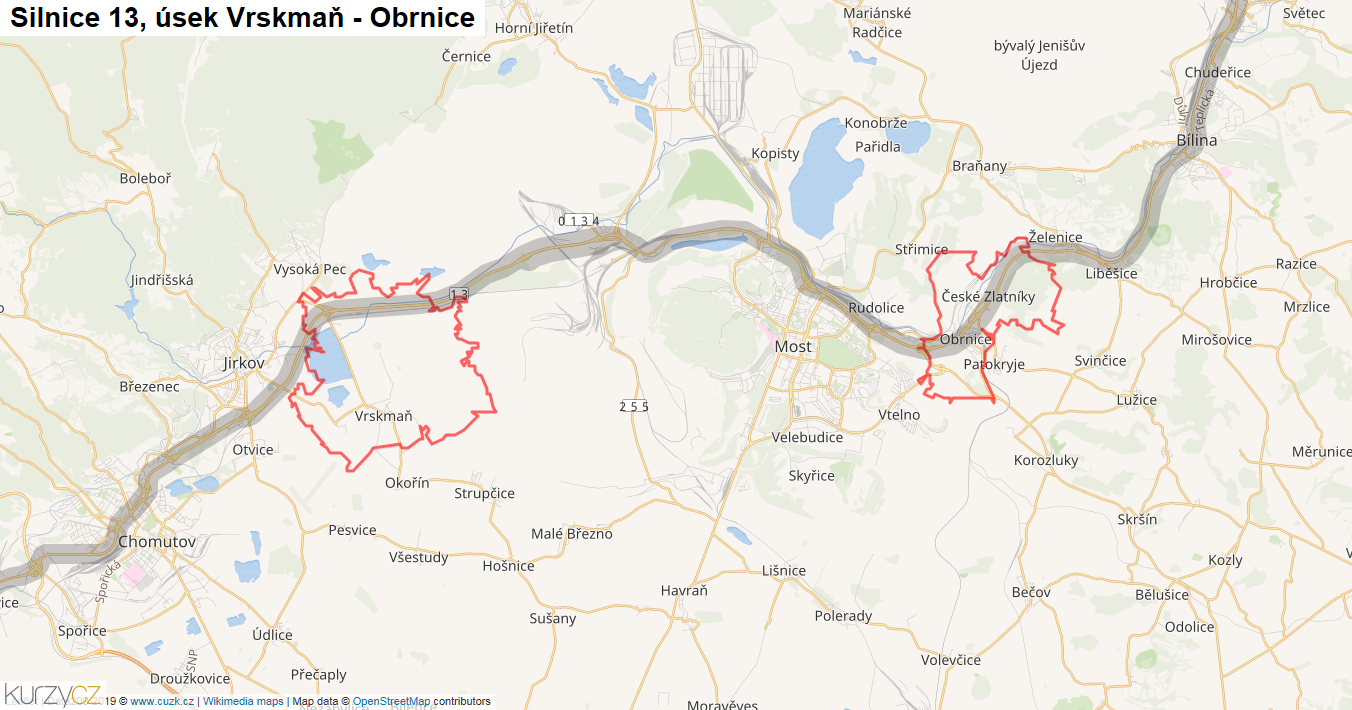 Úsek Vrskmaň - Obrnice, Silnice 13 - Mapa