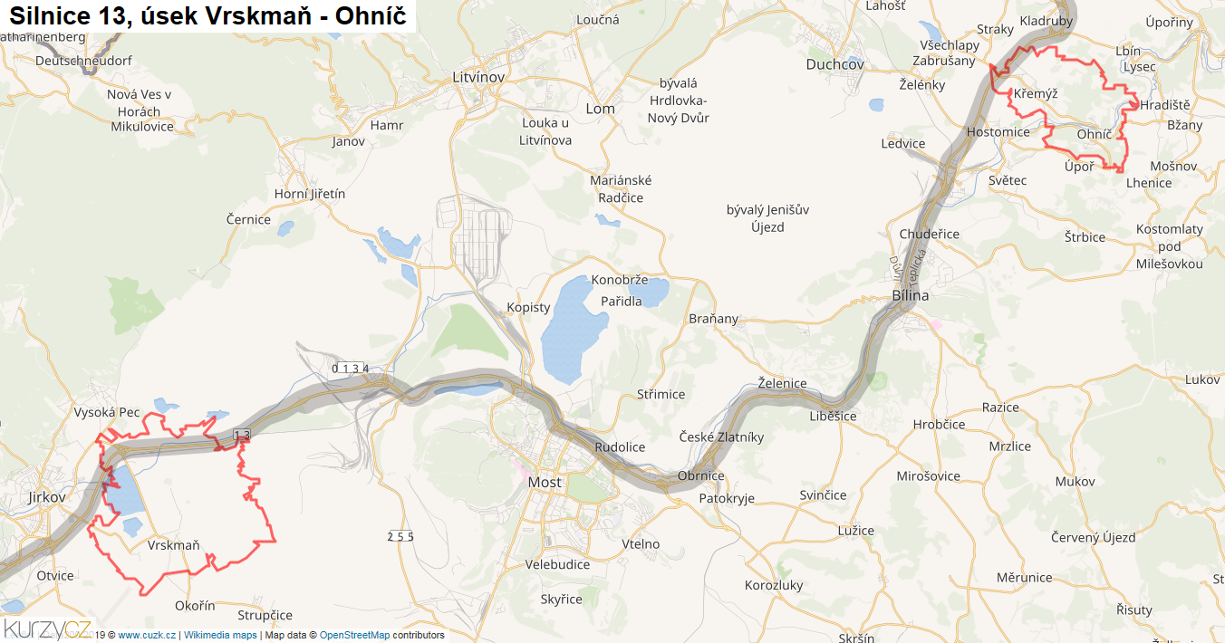 Úsek Vrskmaň - Ohníč, Silnice 13 - Mapa