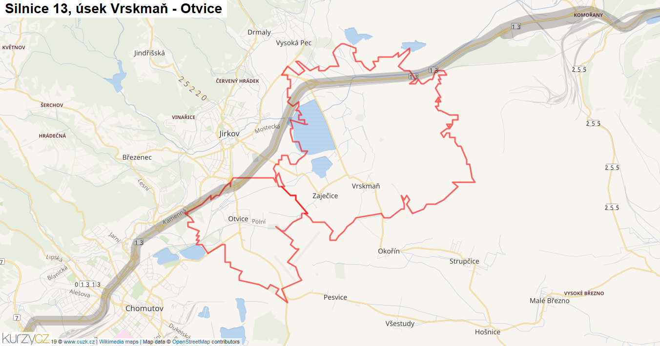 Úsek Vrskmaň - Otvice, Silnice 13 - Mapa
