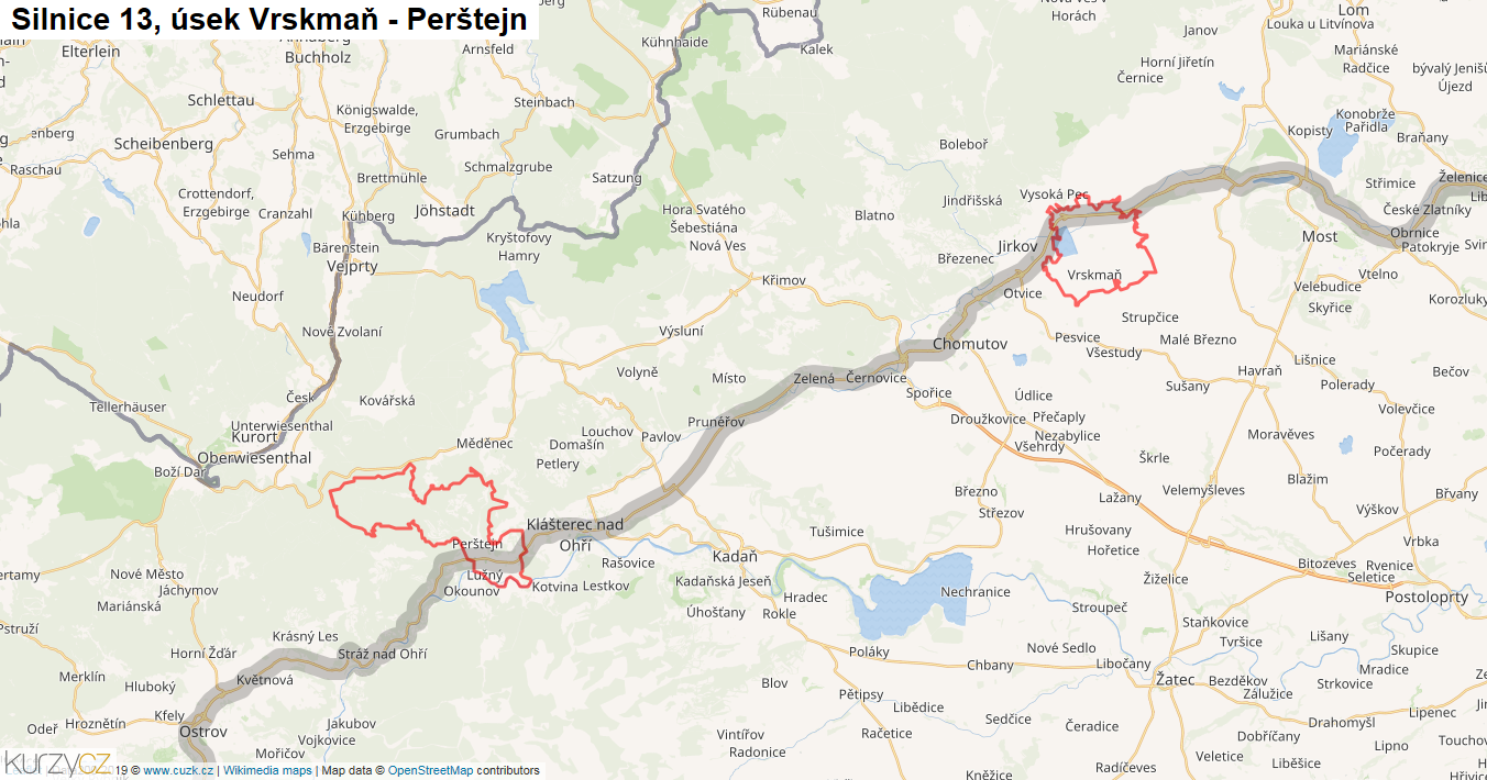 Úsek Vrskmaň - Perštejn, Silnice 13 - Mapa