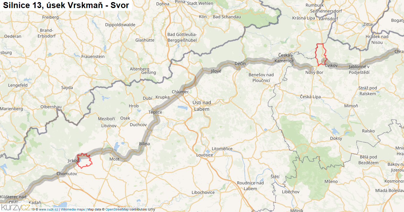 Úsek Vrskmaň - Svor, Silnice 13 - Mapa