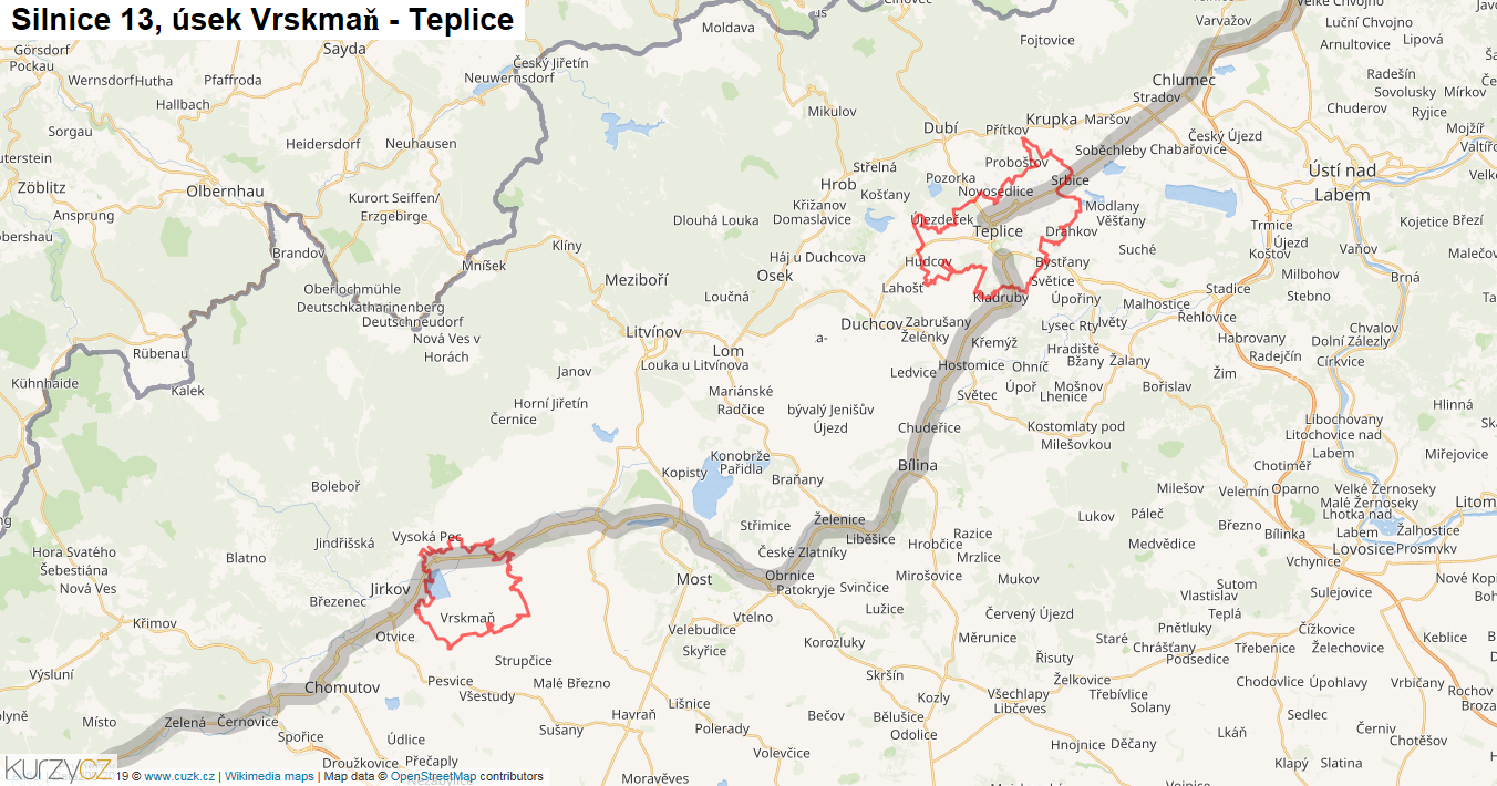 Úsek Vrskmaň - Teplice, Silnice 13 - Mapa