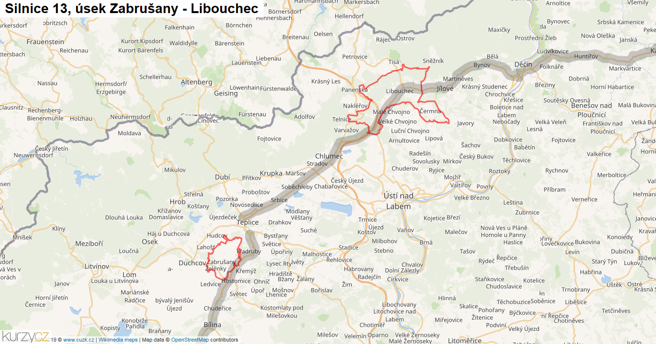 Úsek Zabrušany - Libouchec, Silnice 13 - Mapa