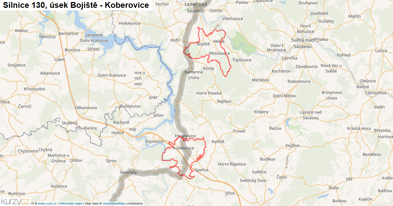Úsek Bojiště - Koberovice, Silnice 130 - Mapa