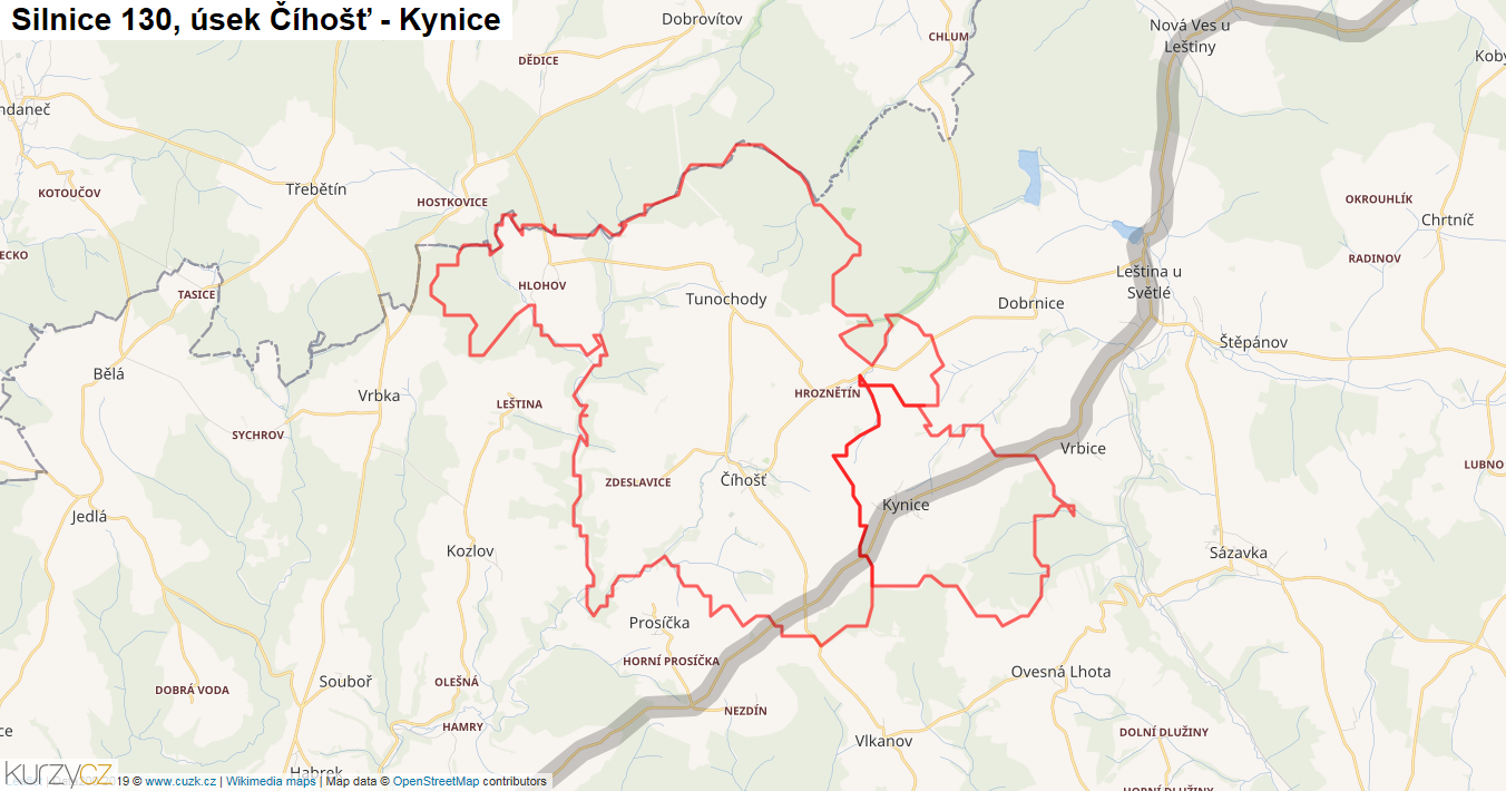 Úsek Číhošť - Kynice, Silnice 130 - Mapa