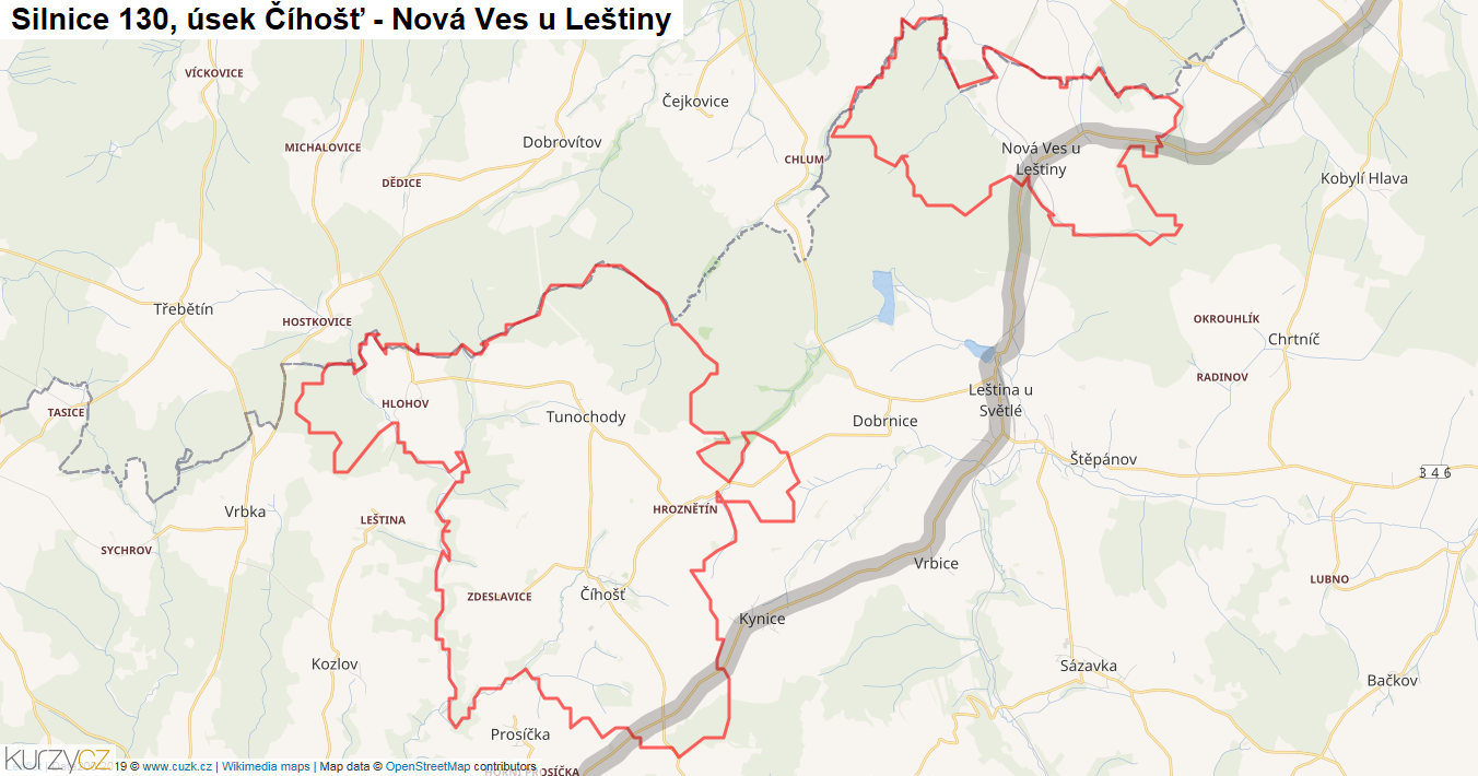Úsek Číhošť - Nová Ves u Leštiny, Silnice 130 - Mapa