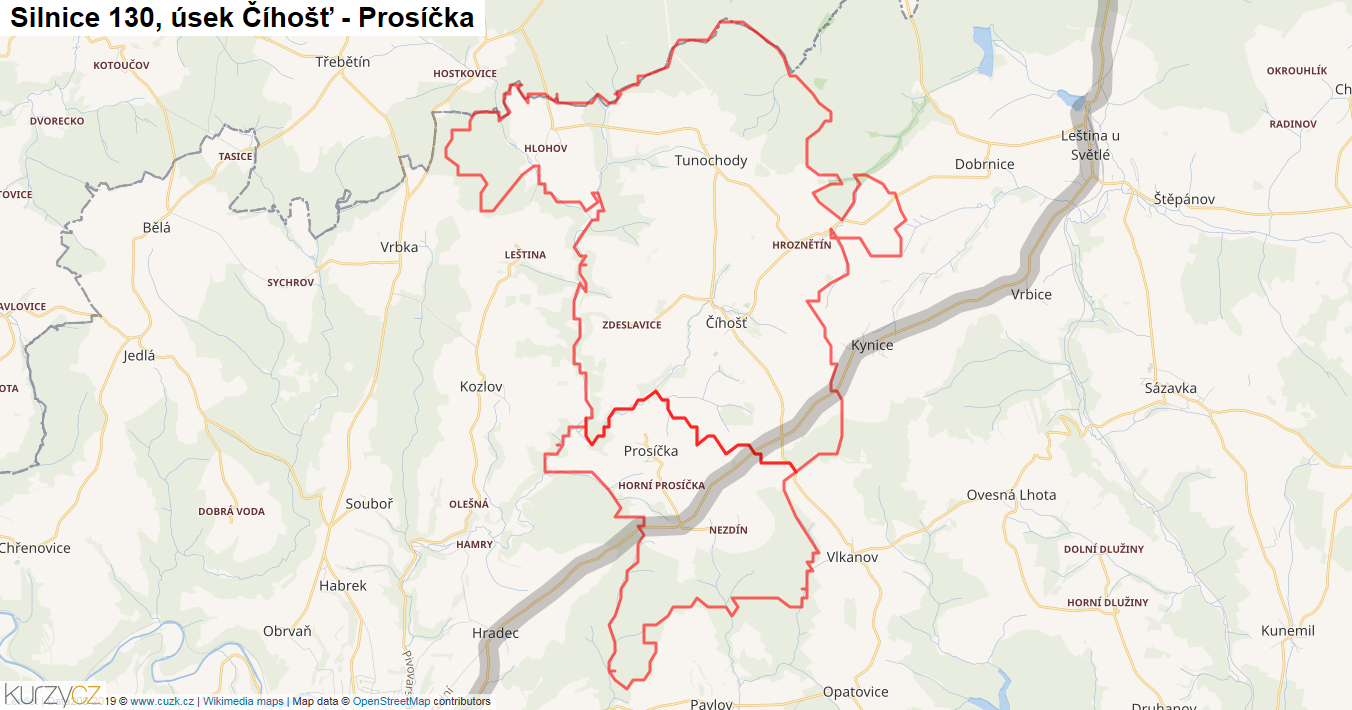 Úsek Číhošť - Prosíčka, Silnice 130 - Mapa