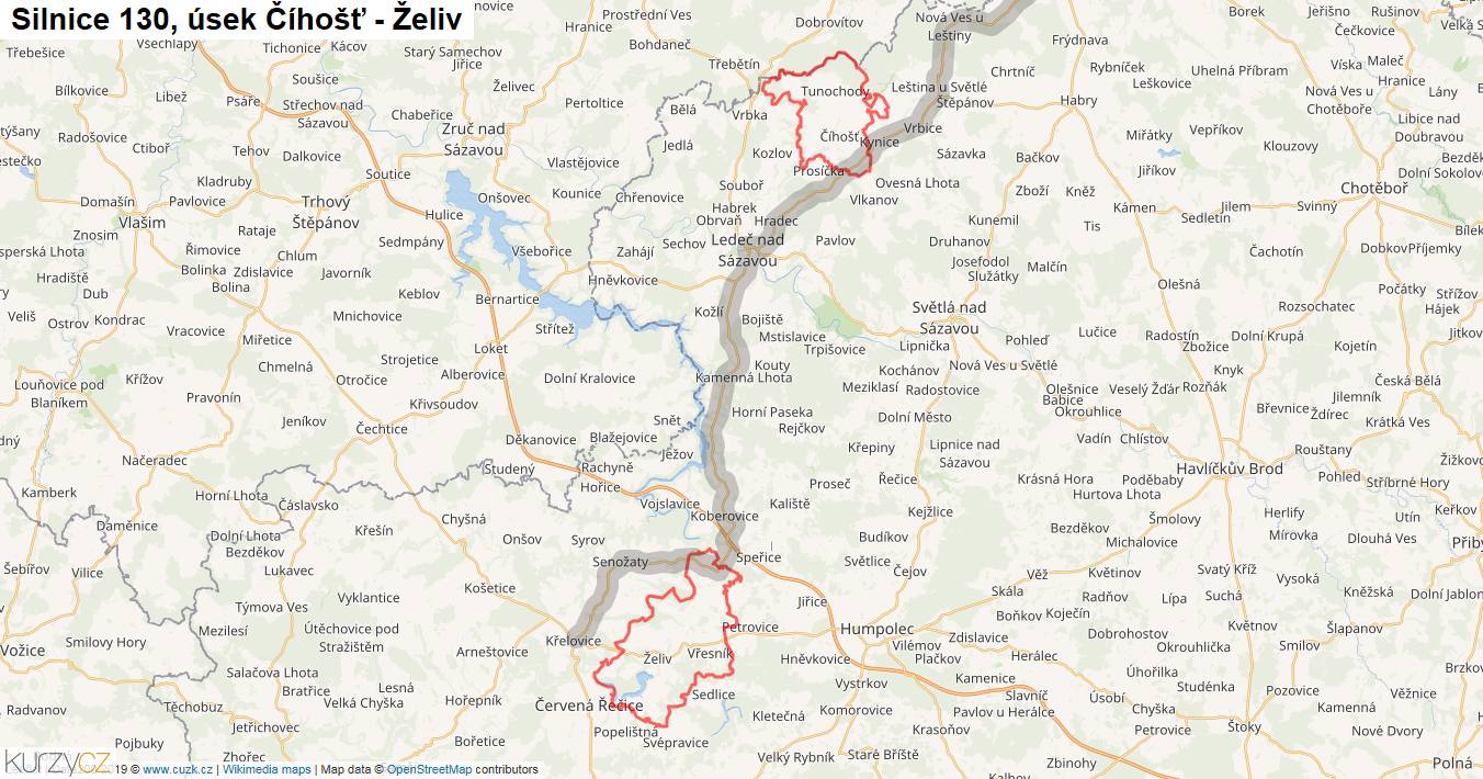 Úsek Číhošť - Želiv, Silnice 130 - Mapa