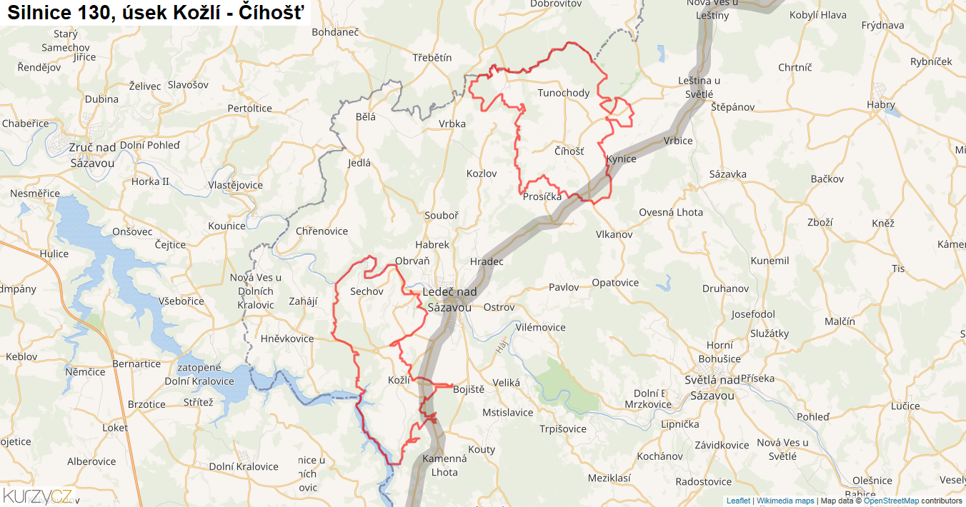 Úsek Kožlí - Číhošť, Silnice 130 - Mapa
