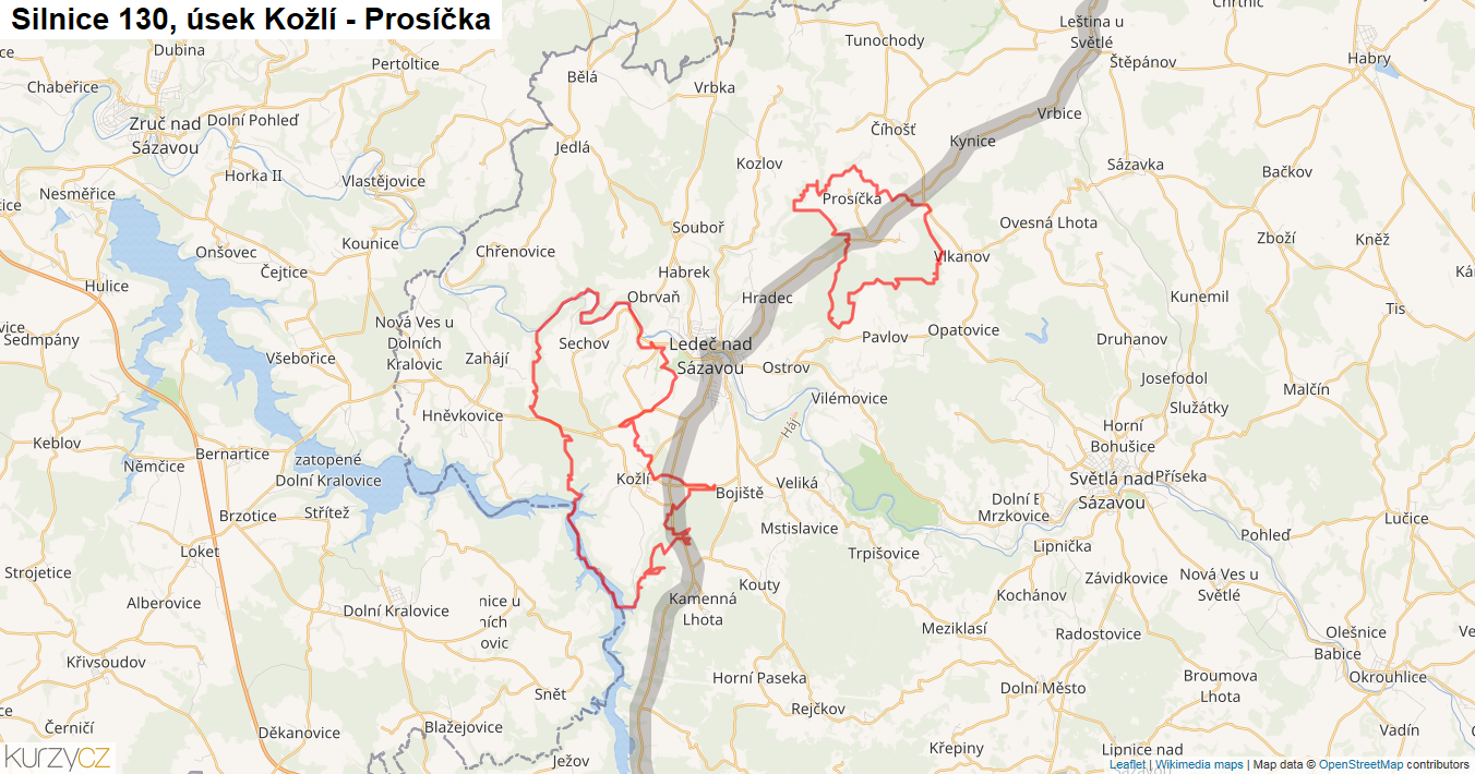 Úsek Kožlí - Prosíčka, Silnice 130 - Mapa