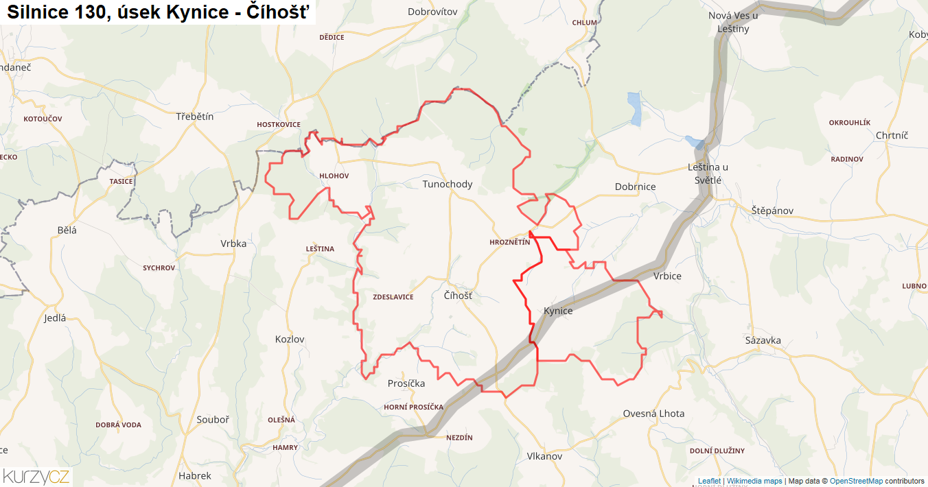 Úsek Kynice - Číhošť, Silnice 130 - Mapa