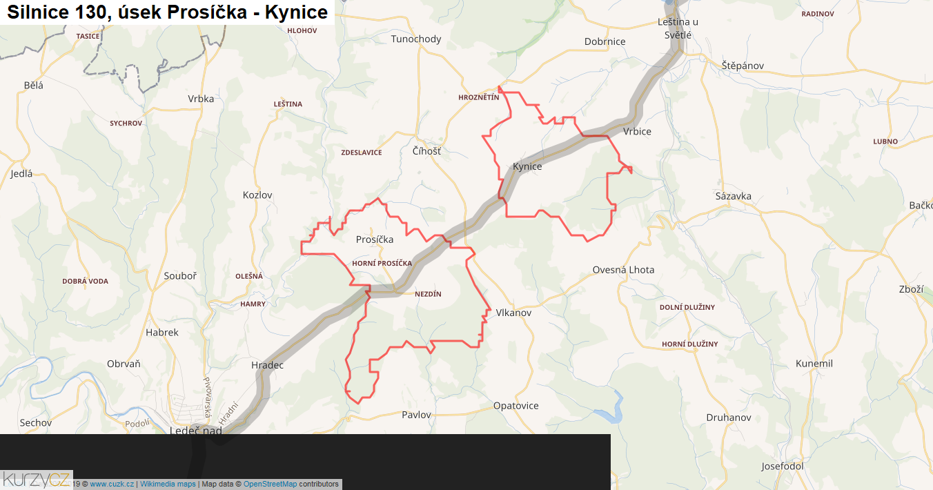 Úsek Prosíčka - Kynice, Silnice 130 - Mapa