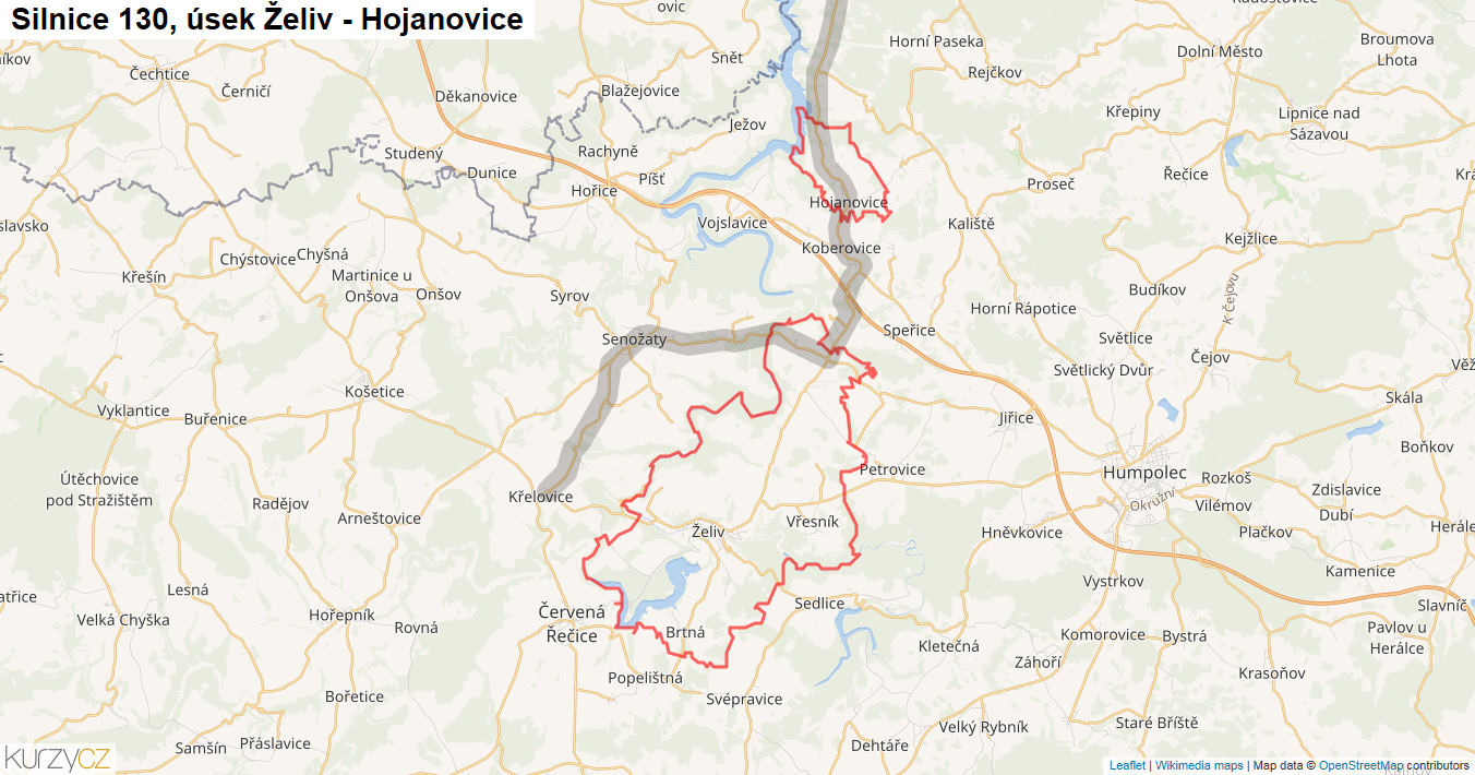 Úsek Želiv - Hojanovice, Silnice 130 - Mapa