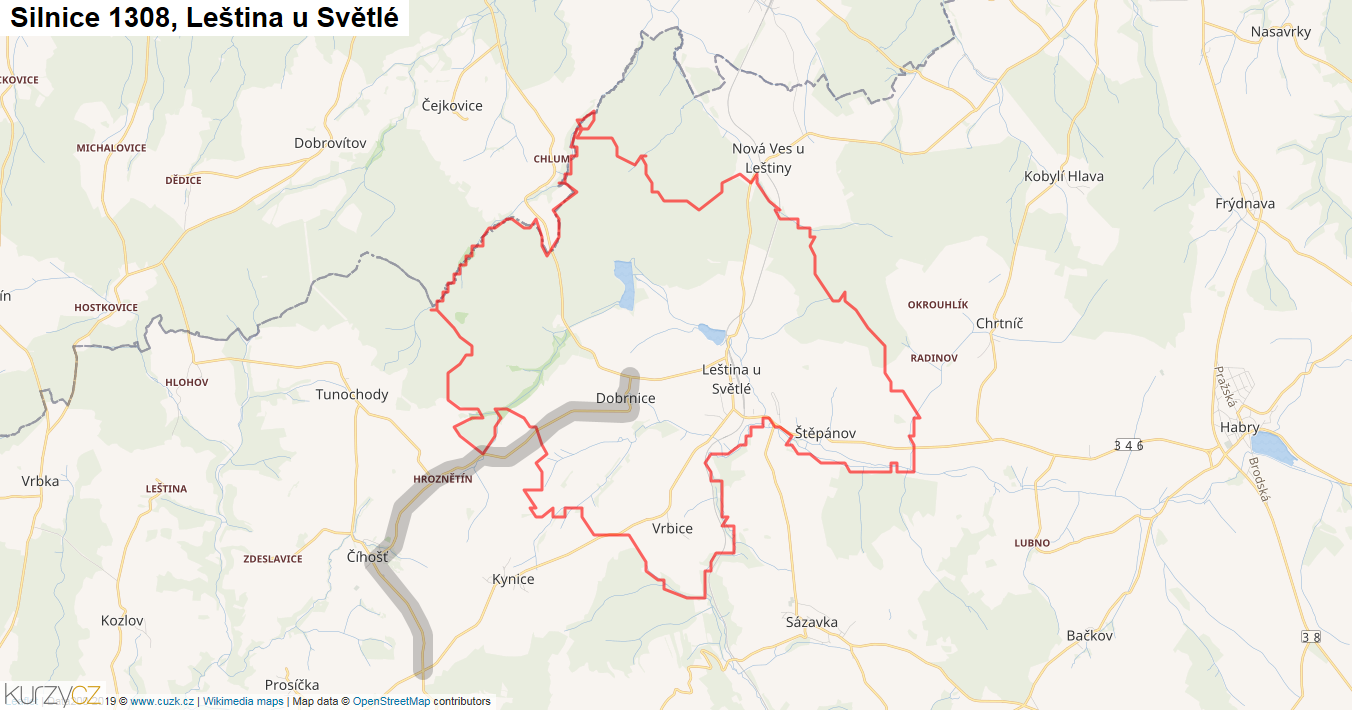 Leština u Světlé, Silnice 1308 - Mapa