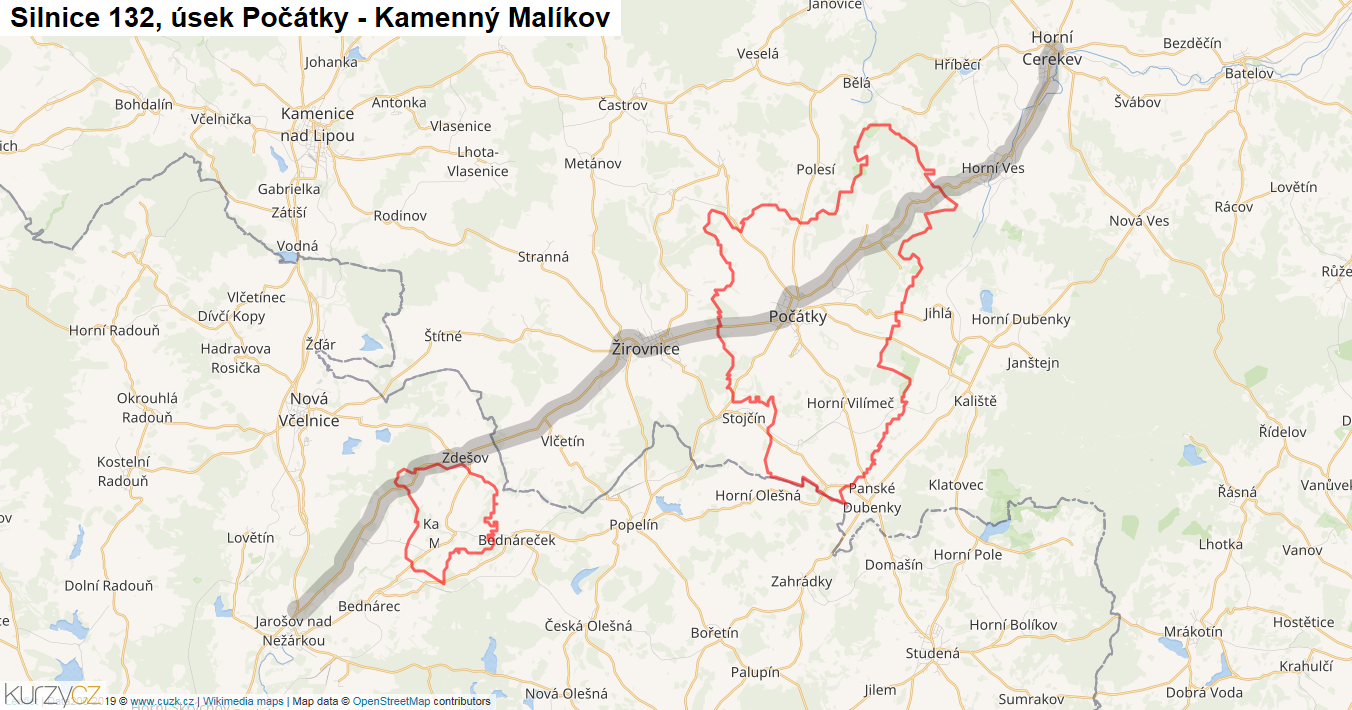 Úsek Počátky - Kamenný Malíkov, Silnice 132 - Mapa