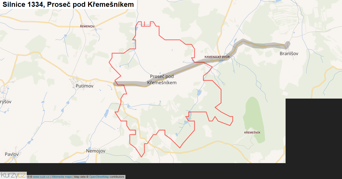 Proseč pod Křemešníkem, Silnice 1334 - Mapa