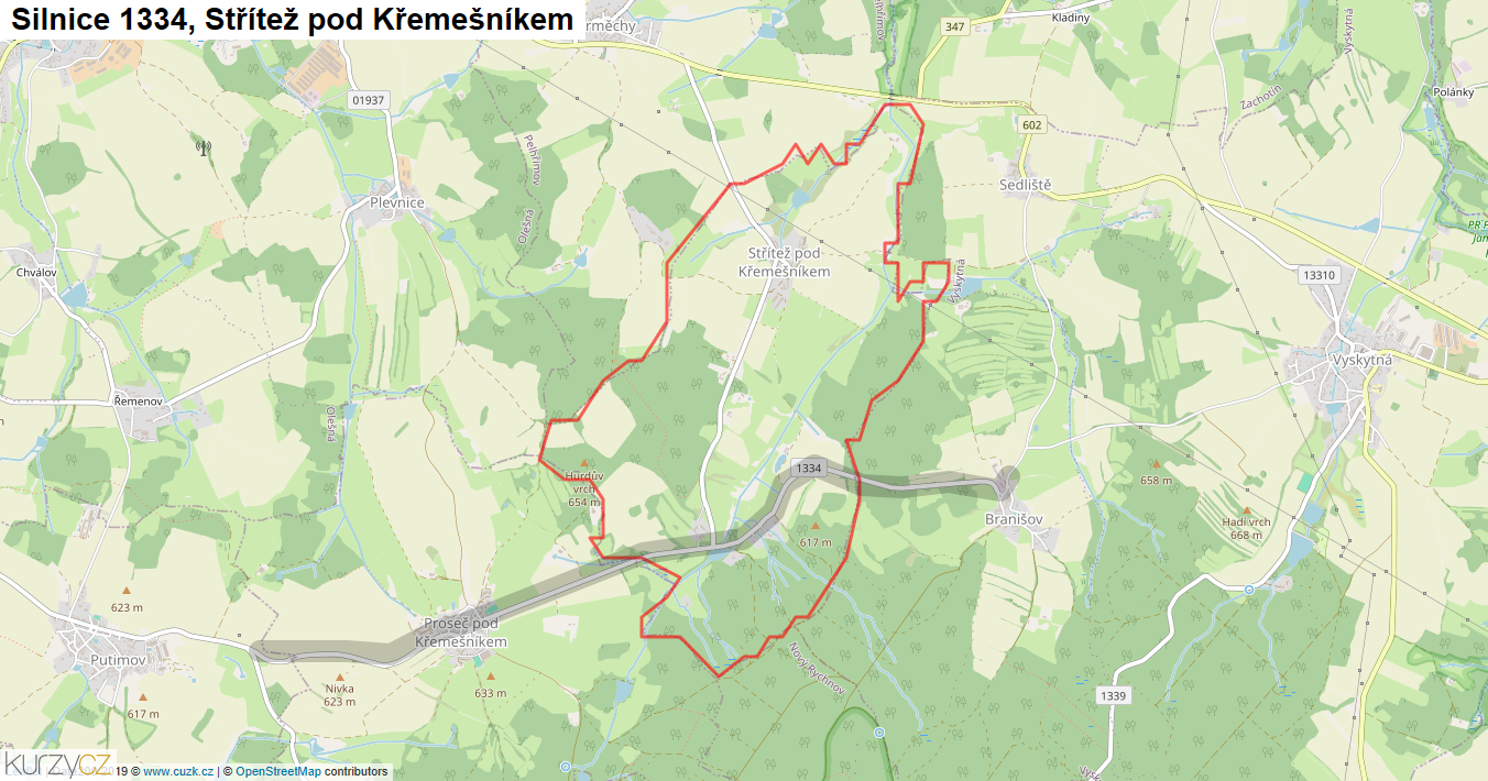 Střítež pod Křemešníkem, Silnice 1334 - Mapa