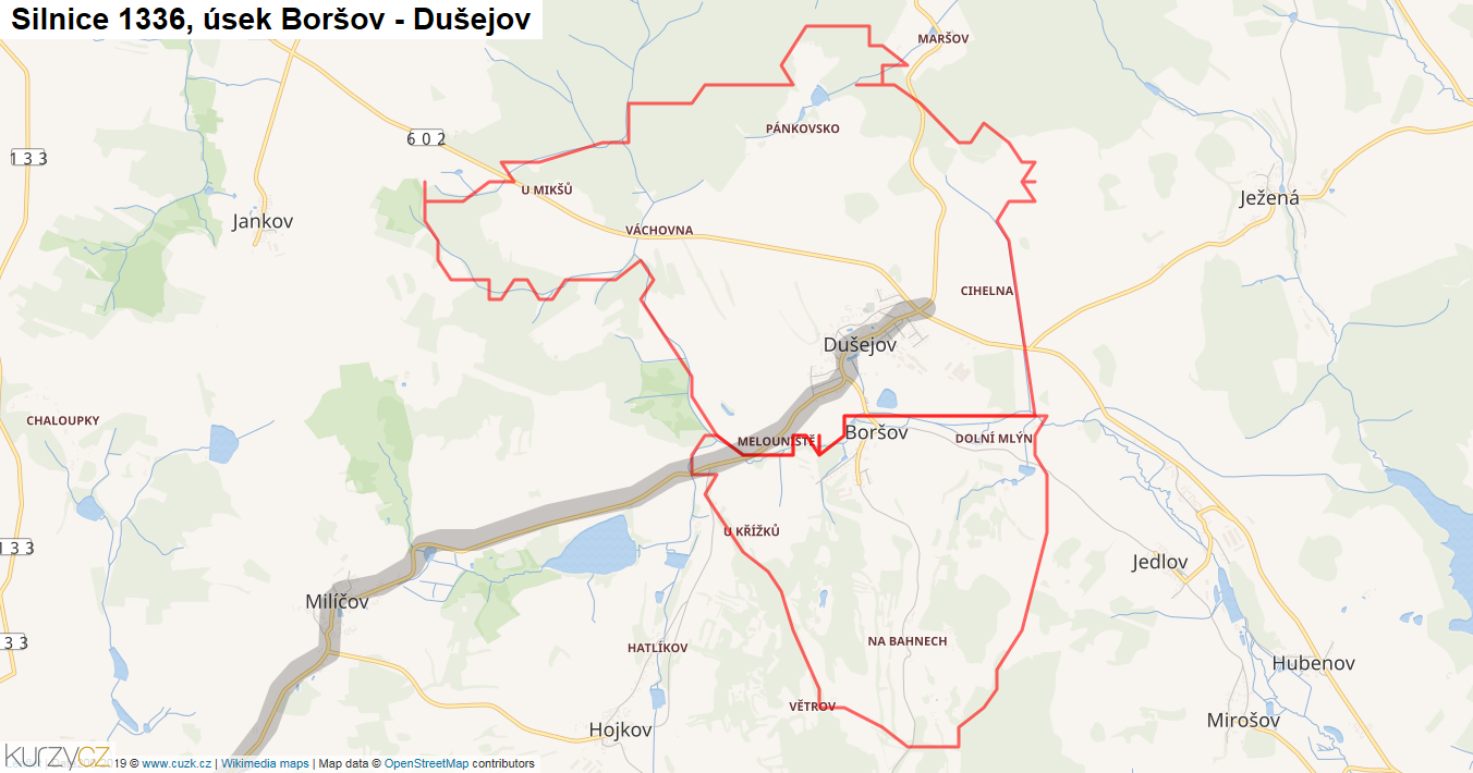 Úsek Boršov - Dušejov, Silnice 1336 - Mapa