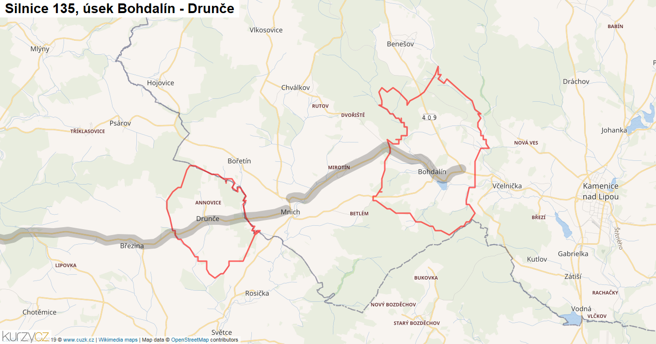 Úsek Bohdalín - Drunče, Silnice 135 - Mapa