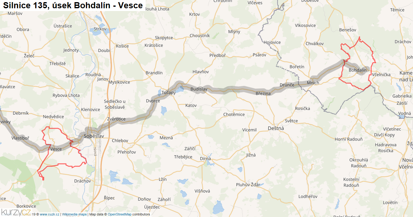 Úsek Bohdalín - Vesce, Silnice 135 - Mapa