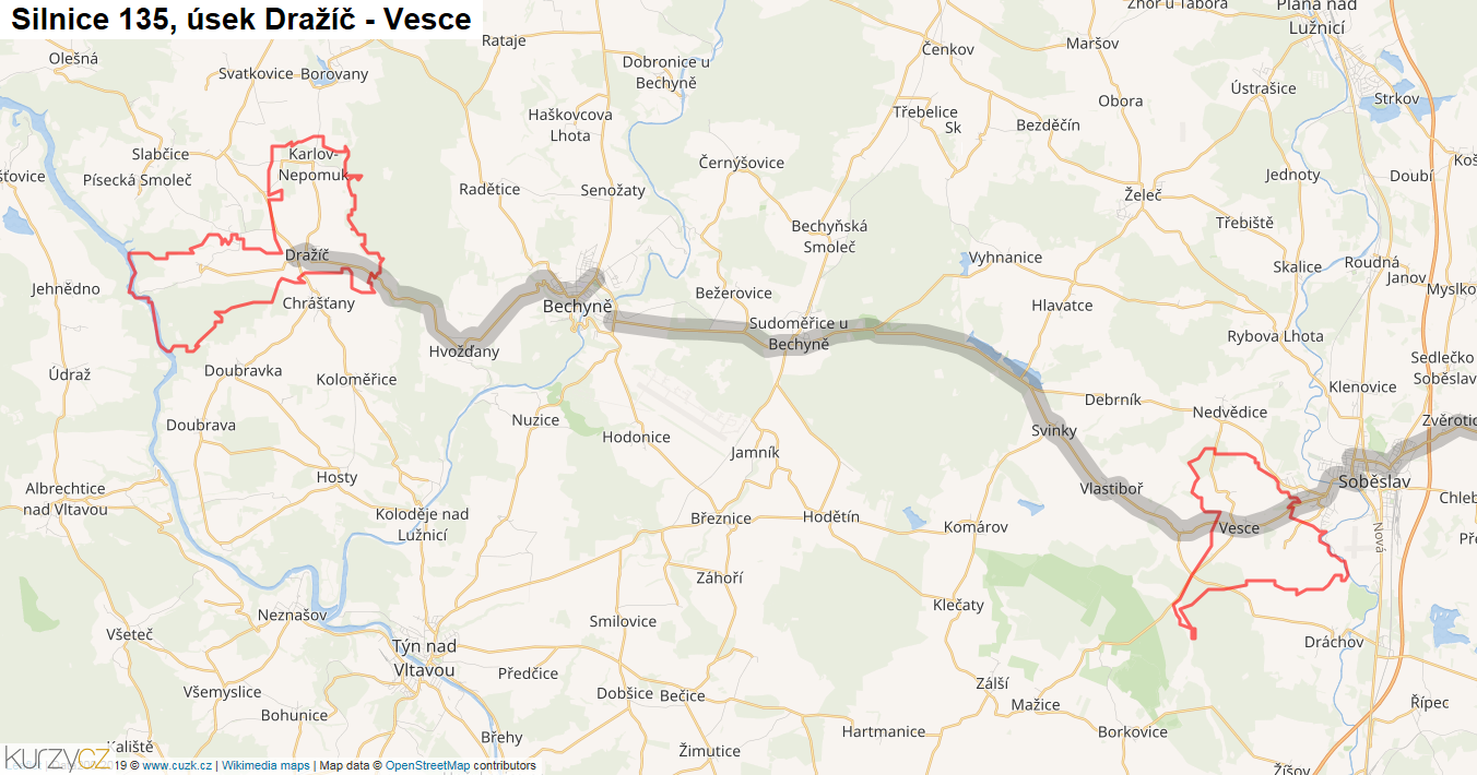 Úsek Dražíč - Vesce, Silnice 135 - Mapa