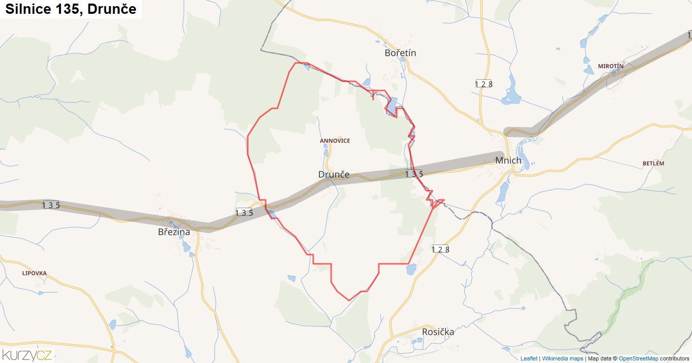 Drunče, Silnice 135 - Mapa