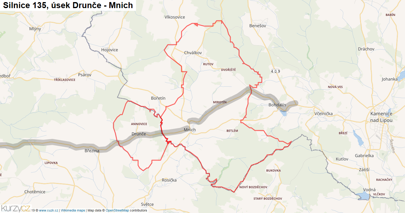 Úsek Drunče - Mnich, Silnice 135 - Mapa