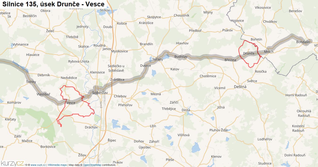 Úsek Drunče - Vesce, Silnice 135 - Mapa