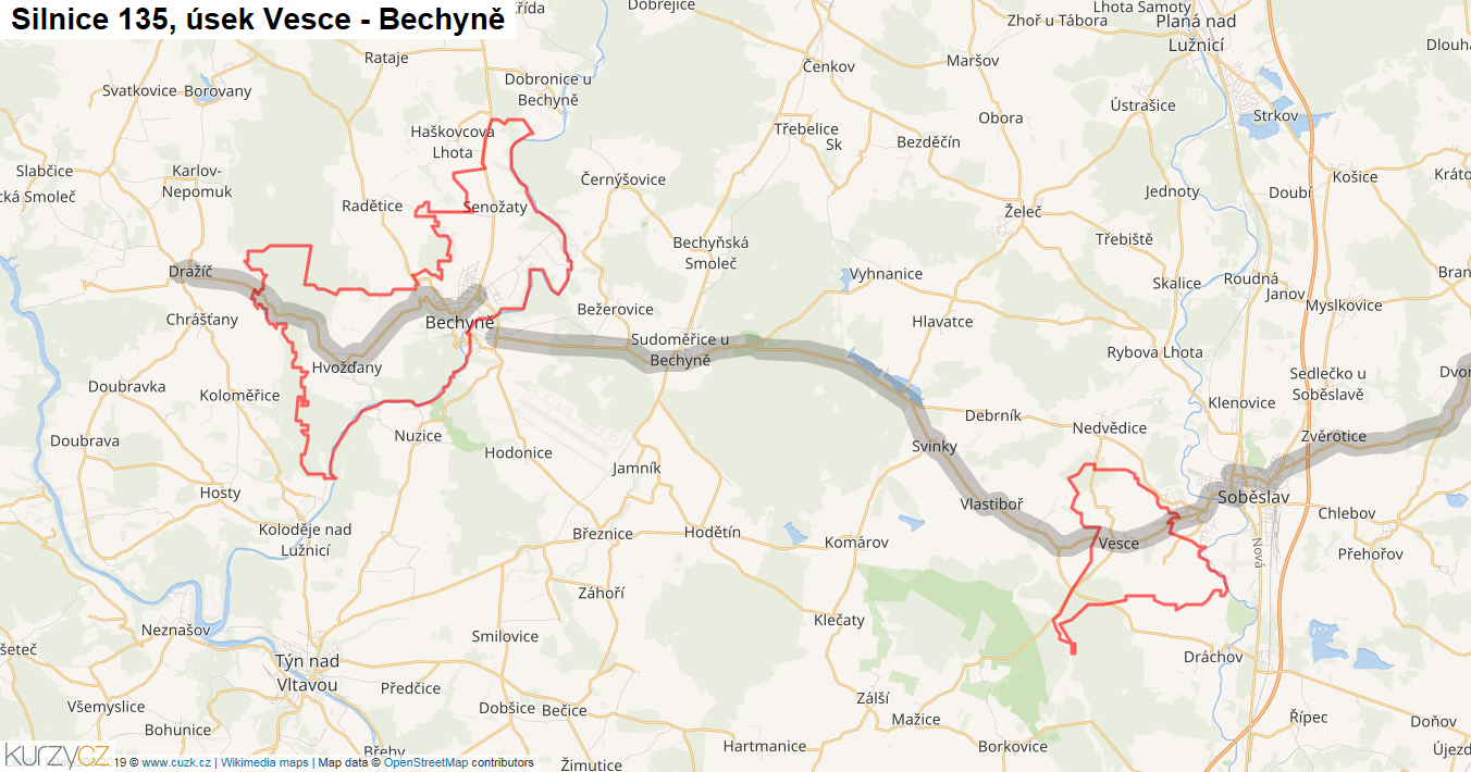 Úsek Vesce - Bechyně, Silnice 135 - Mapa