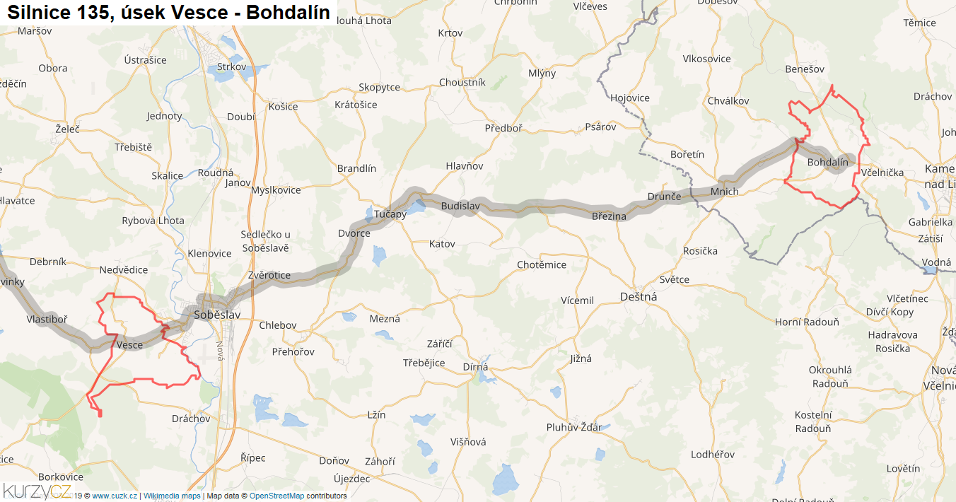 Úsek Vesce - Bohdalín, Silnice 135 - Mapa