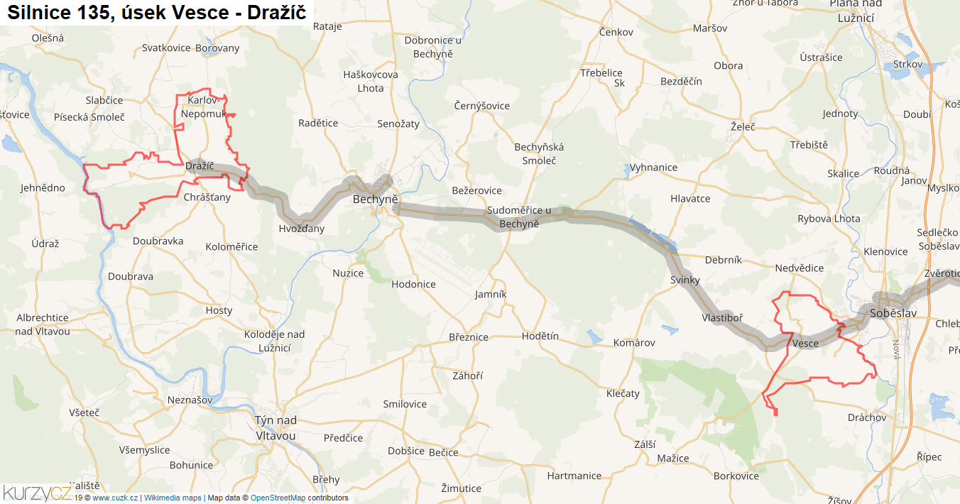 Úsek Vesce - Dražíč, Silnice 135 - Mapa
