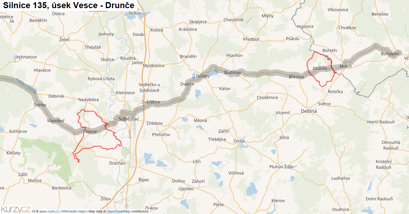 Úsek Vesce - Drunče, Silnice 135 - Mapa