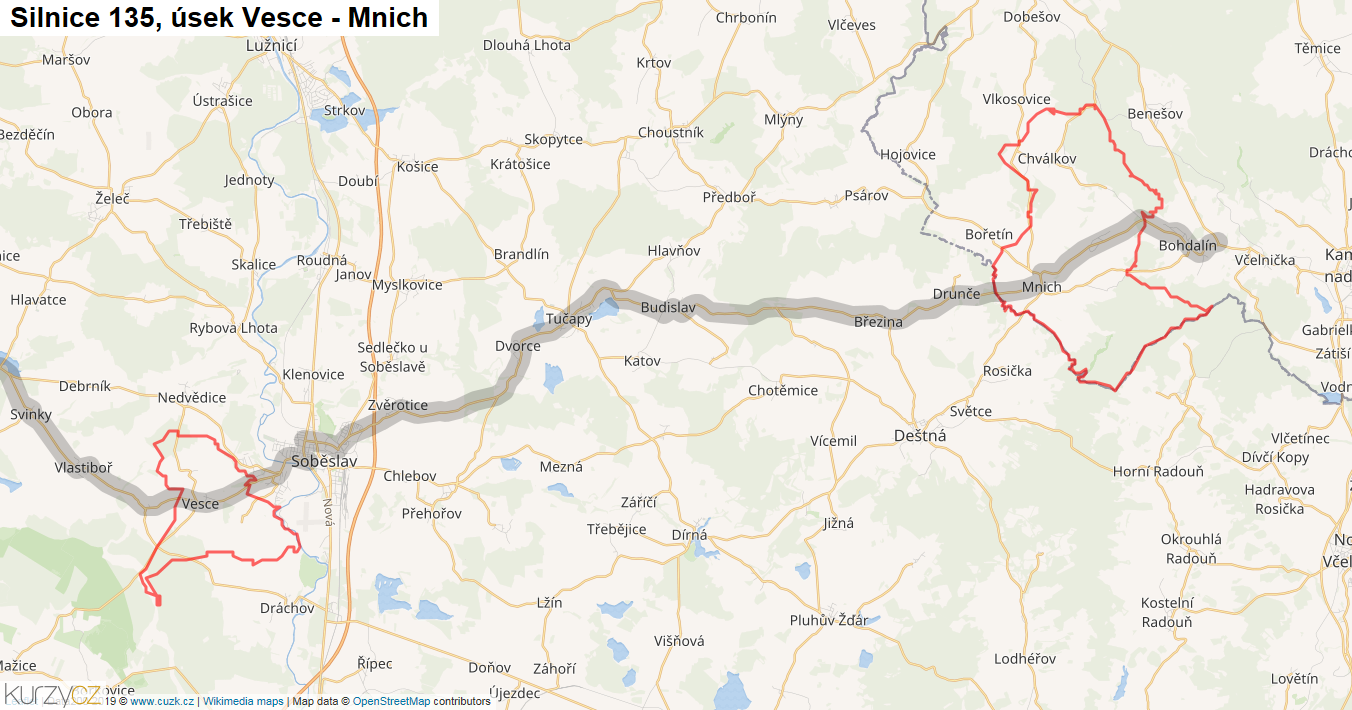 Úsek Vesce - Mnich, Silnice 135 - Mapa