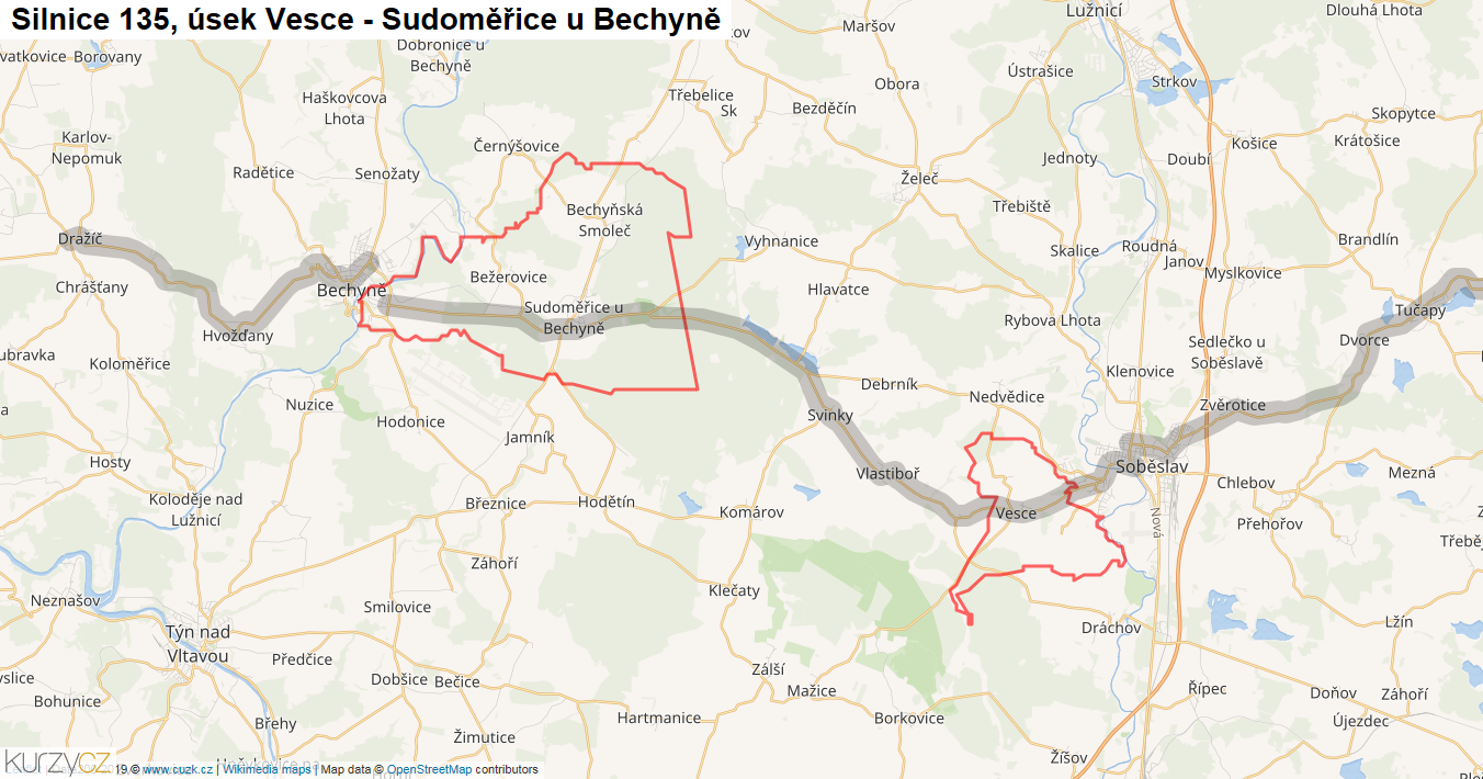 Úsek Vesce - Sudoměřice u Bechyně, Silnice 135 - Mapa