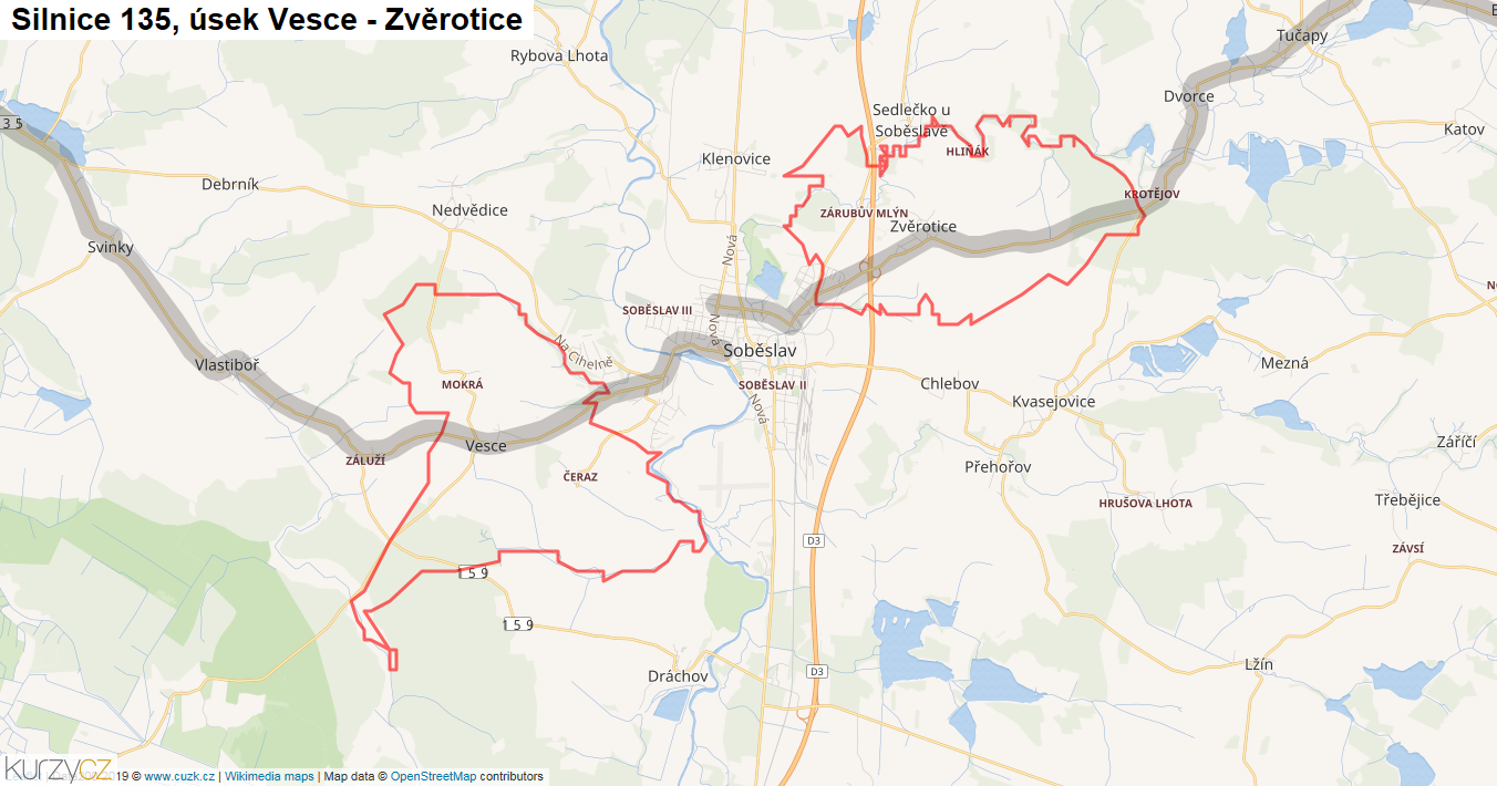 Úsek Vesce - Zvěrotice, Silnice 135 - Mapa