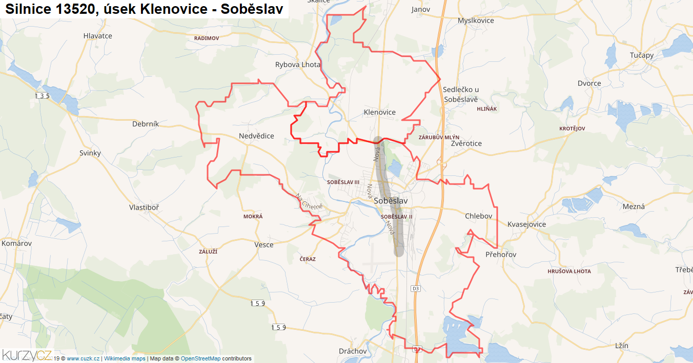 Úsek Klenovice - Soběslav, Silnice 13520 - Mapa
