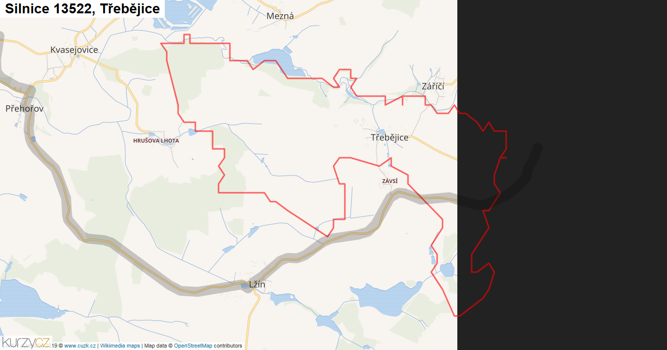 Třebějice, Silnice 13522 - Mapa