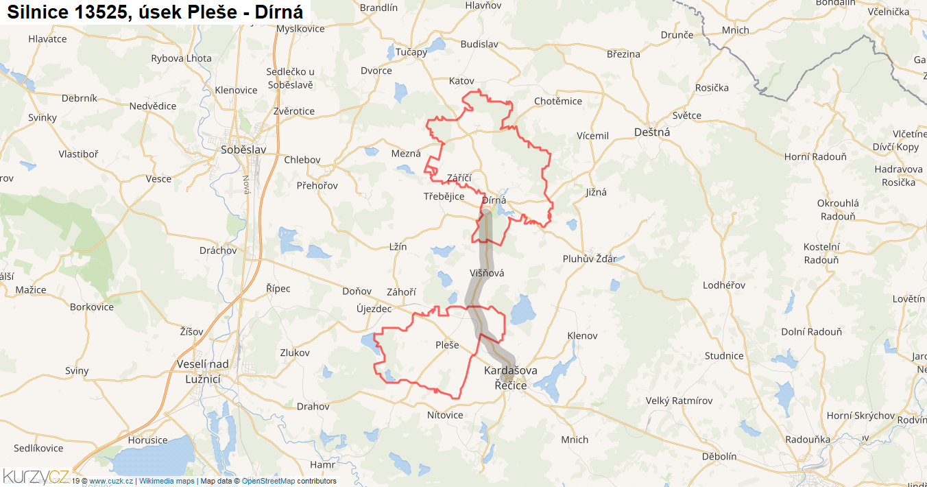 Úsek Pleše - Dírná, Silnice 13525 - Mapa