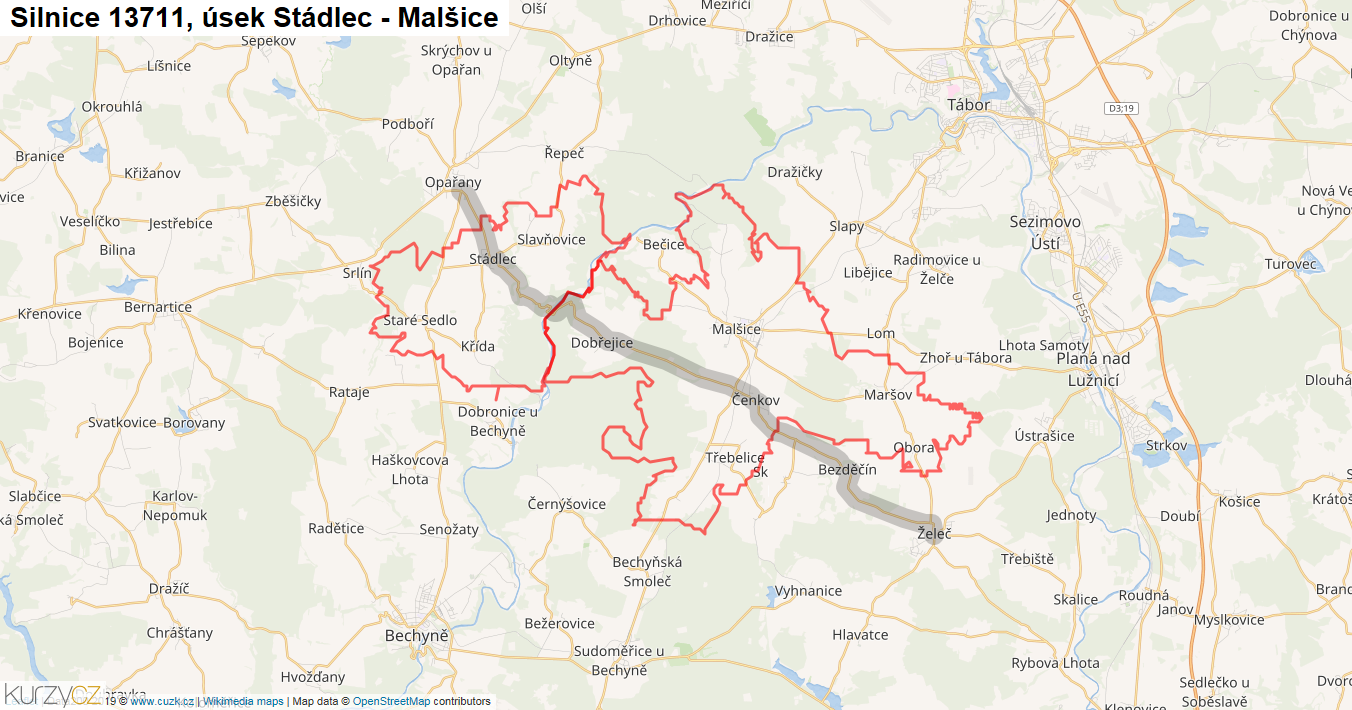 Úsek Stádlec - Malšice, Silnice 13711 - Mapa