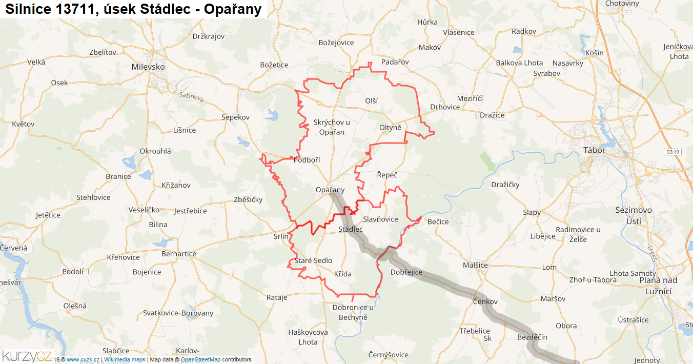 Úsek Stádlec - Opařany, Silnice 13711 - Mapa