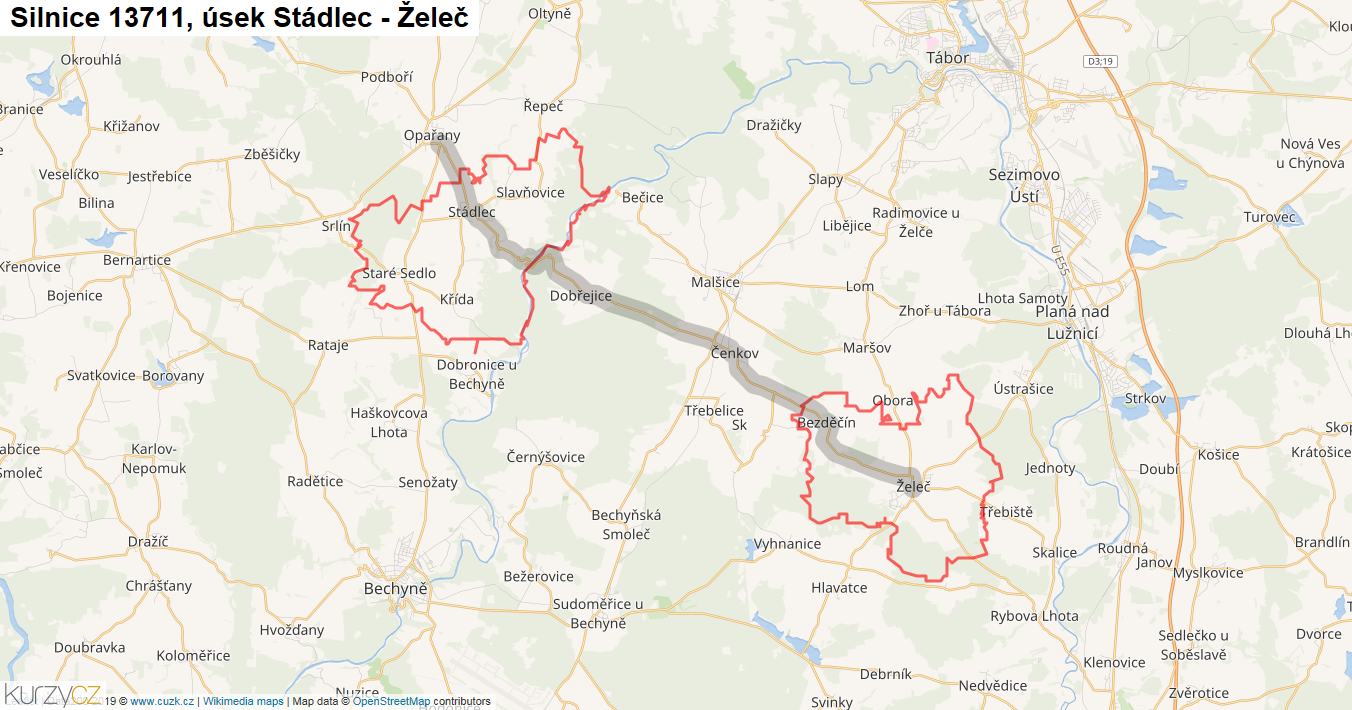 Úsek Stádlec - Želeč, Silnice 13711 - Mapa