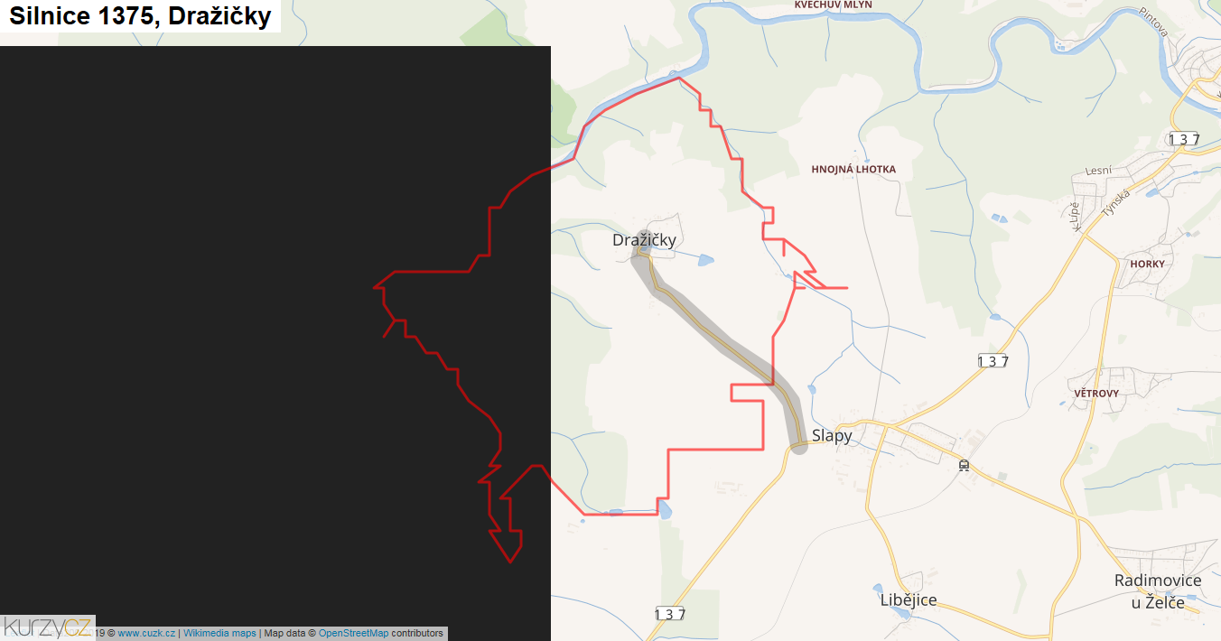 Dražičky, Silnice 1375 - Mapa
