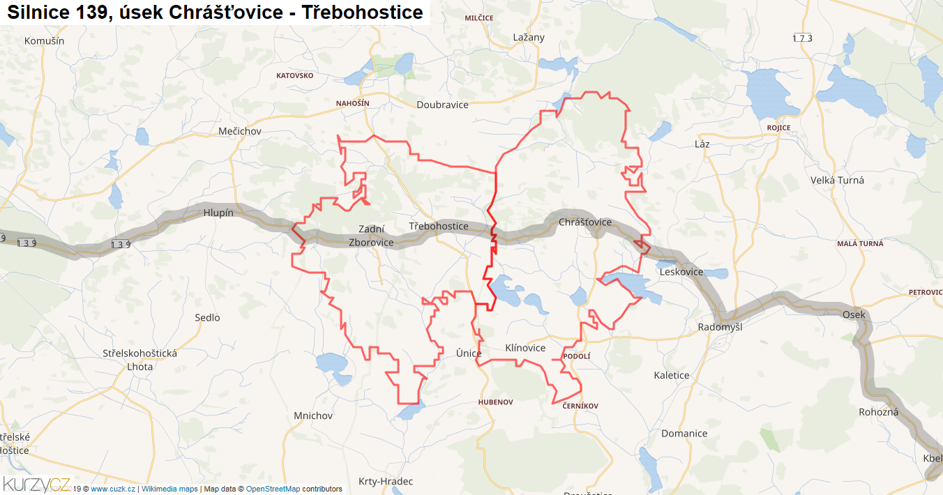 Úsek Chrášťovice - Třebohostice, Silnice 139 - Mapa